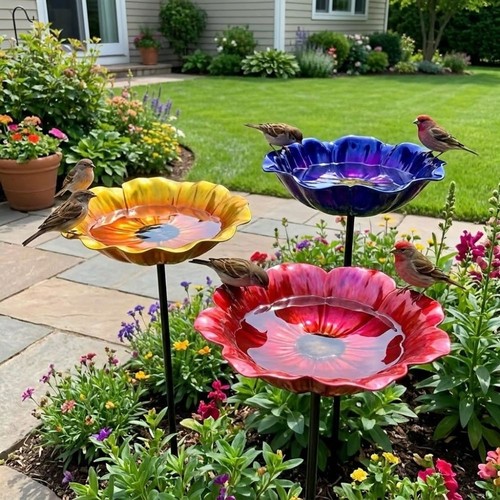 Bird bath stake handmade metal - bird,